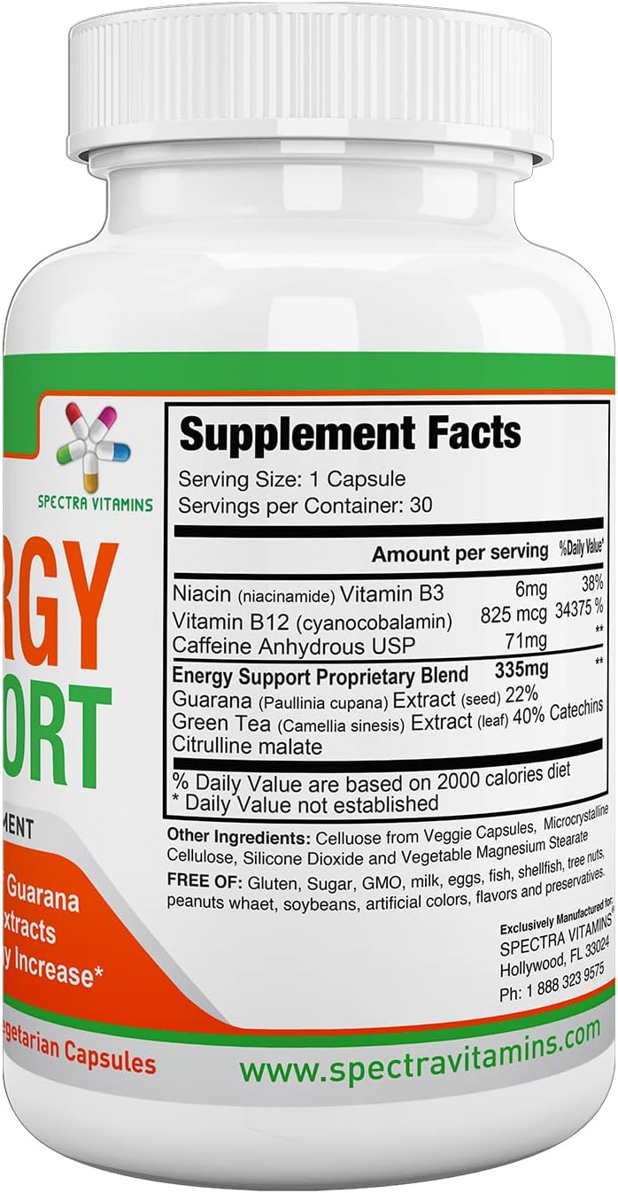 30 Capsules of Spectra Vitamins Natural Energy Support with Guarana, Vitamin B12, Green Tea Extracts, and Citrulline - Energy Booster Supplements