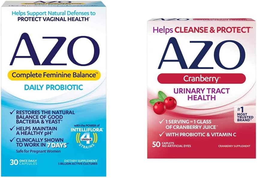 30 Count AZO Complete Feminine Balance Probiotics + 50 Count Cranberry UTI Health Supplement for Women