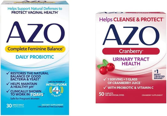 30 Count AZO Complete Feminine Balance Probiotics + 50 Count Cranberry UTI Health Supplement for Women