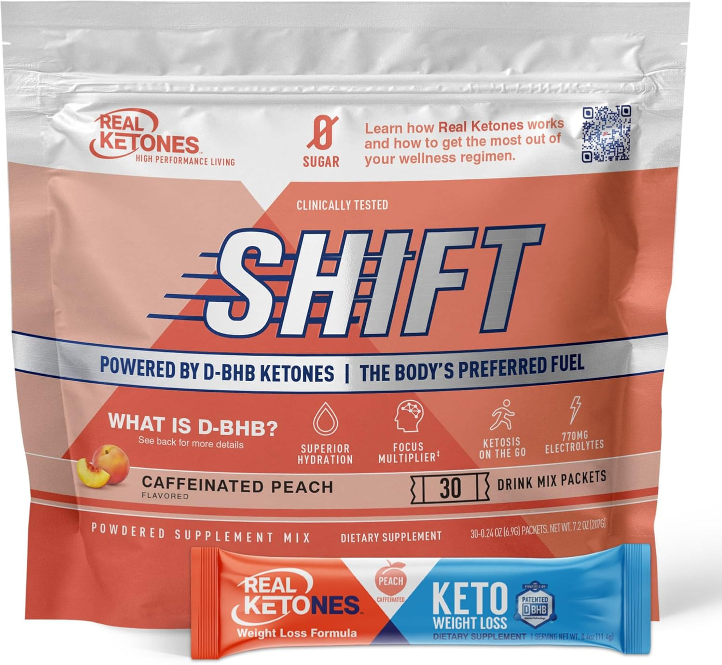 30 Count Bundle: Real Ketones Intermittent Fasting Drink Mix for Men, Caffeine Peach Shift Electrolytes & BHB Exogenous Ketones Weight Loss Support