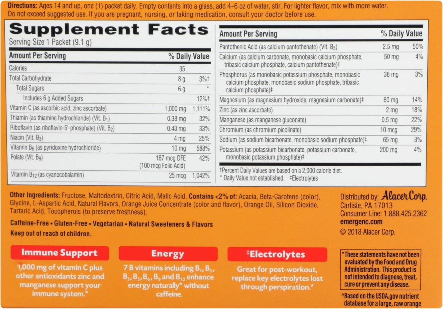 30-Count Emergen-C Super Orange Packets, 0.32 oz - Immune Support Drink Mix with Vitamin C