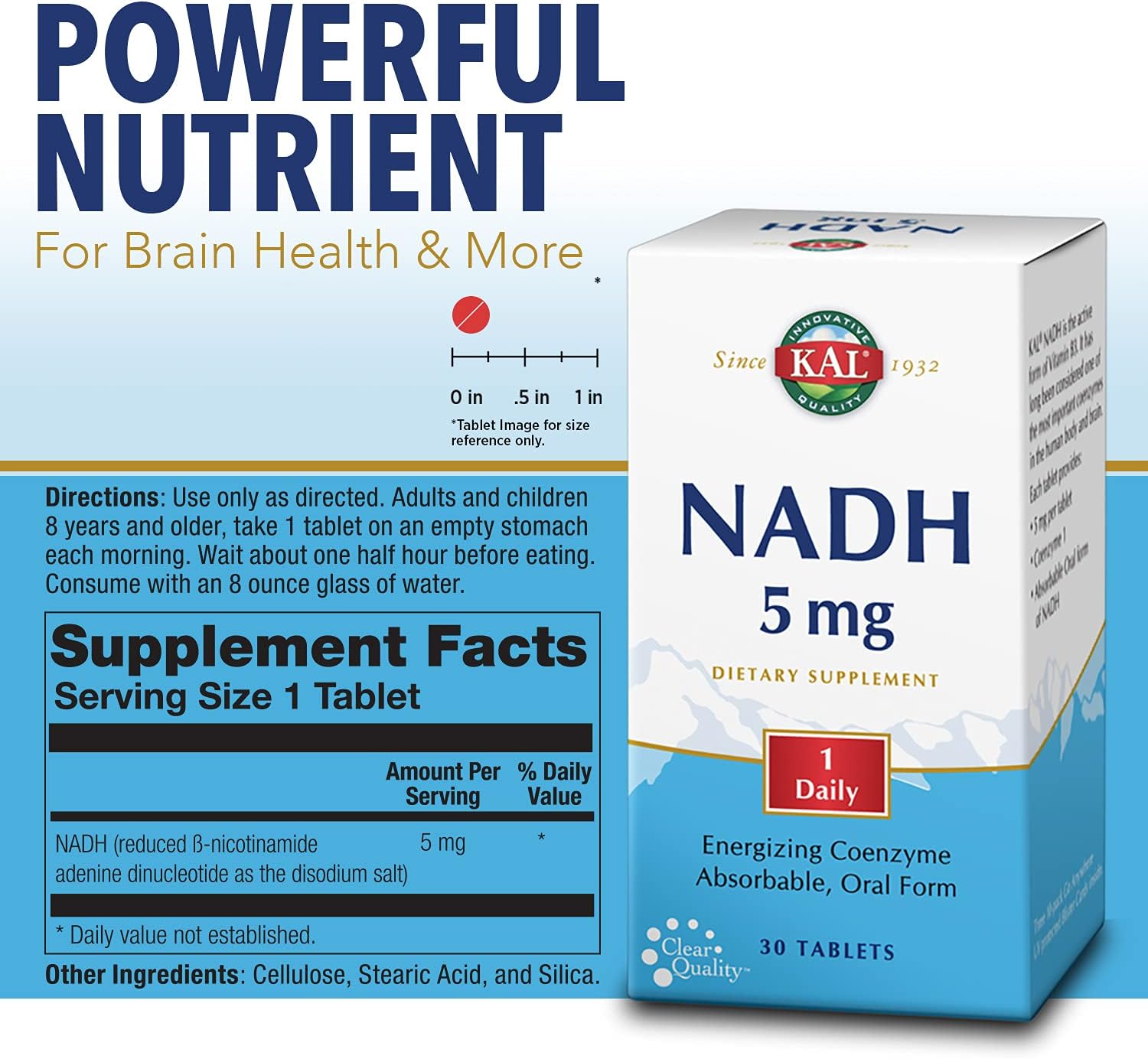 30 Count KAL 5 Mg NADH Tablets for Energy Support