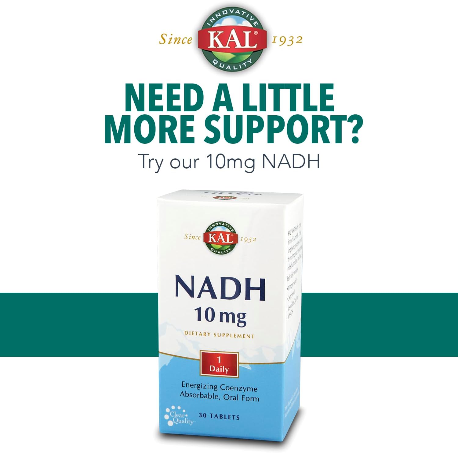 30 Count KAL 5 Mg NADH Tablets for Energy Support