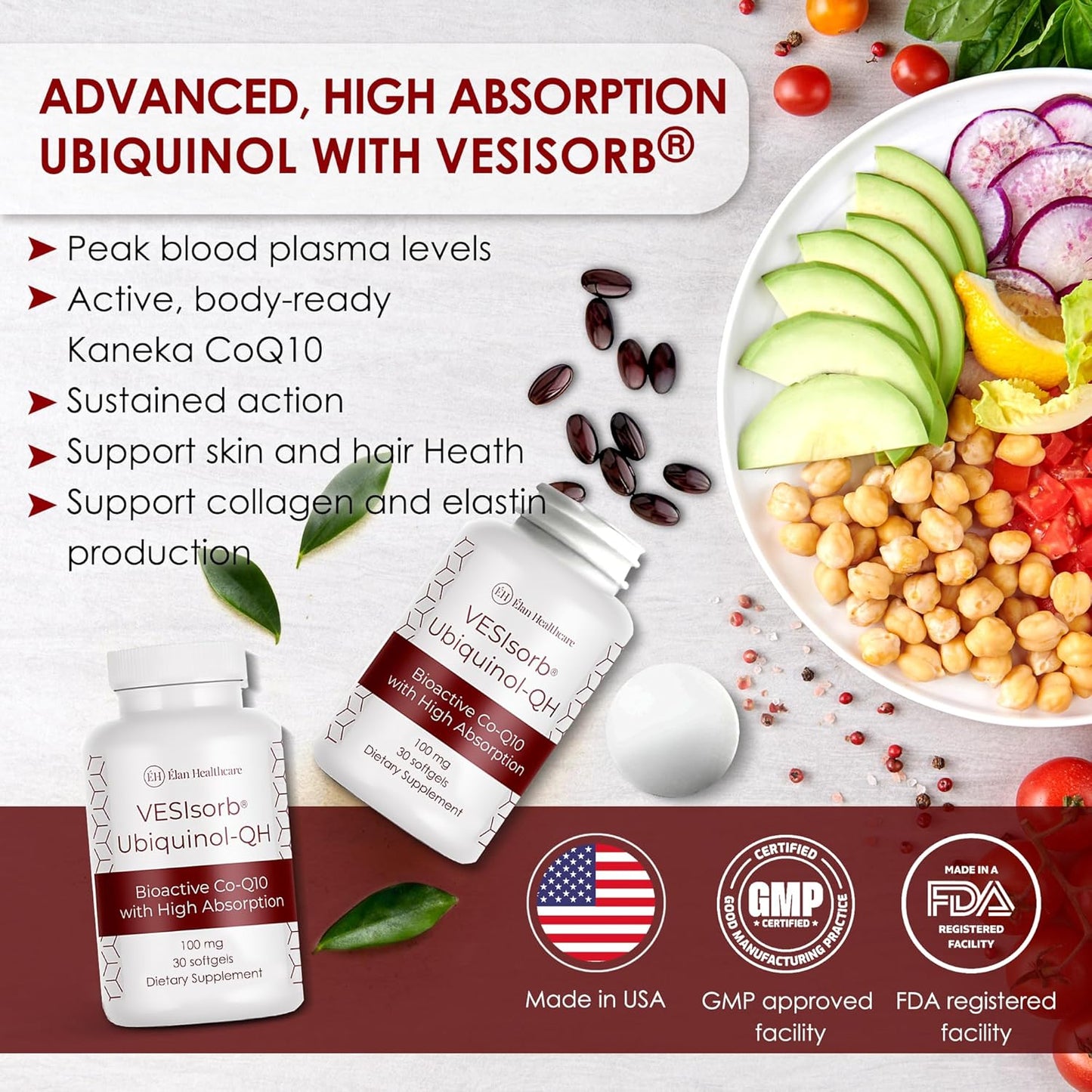 30-Count ÉLAN HEALTHCARE VESIsorb Ubiquinol-QH 100 mg Softgels for Heart Health