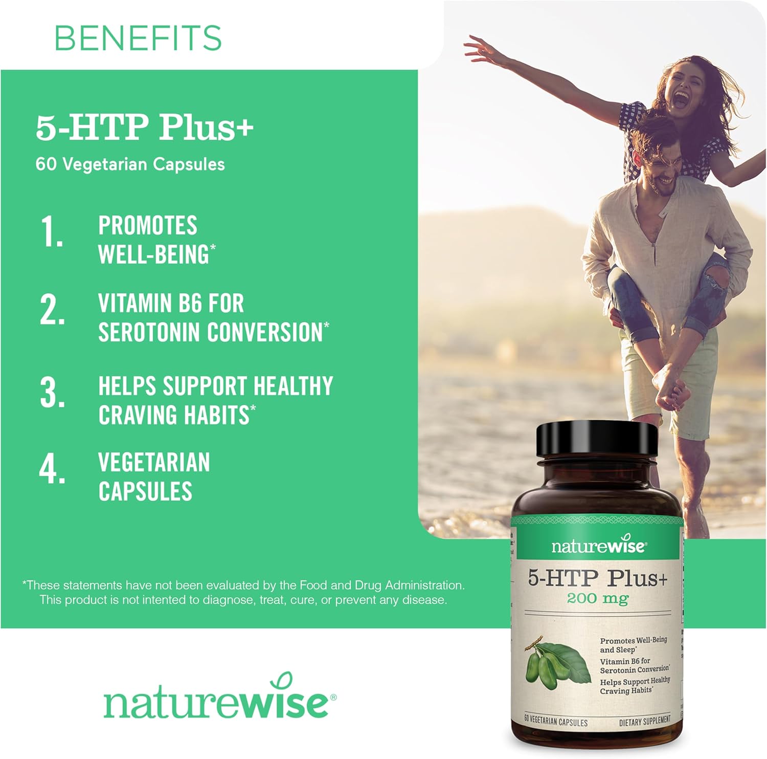 30-Count NatureWise 5-HTP 200mg Supplement with Vitamin B6 for Mood Support and Sleep Aid - Vegan, Delayed-Release Formula for Adults