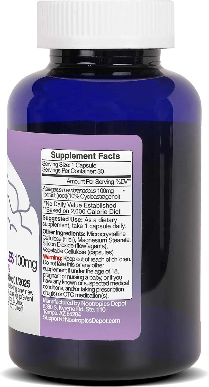 30 Count Nootropics Depot Astragalus membranaceus Capsules - 100mg Cycloastragenol 10% - Supports Cellular Health, Immune System, and Telomere Length