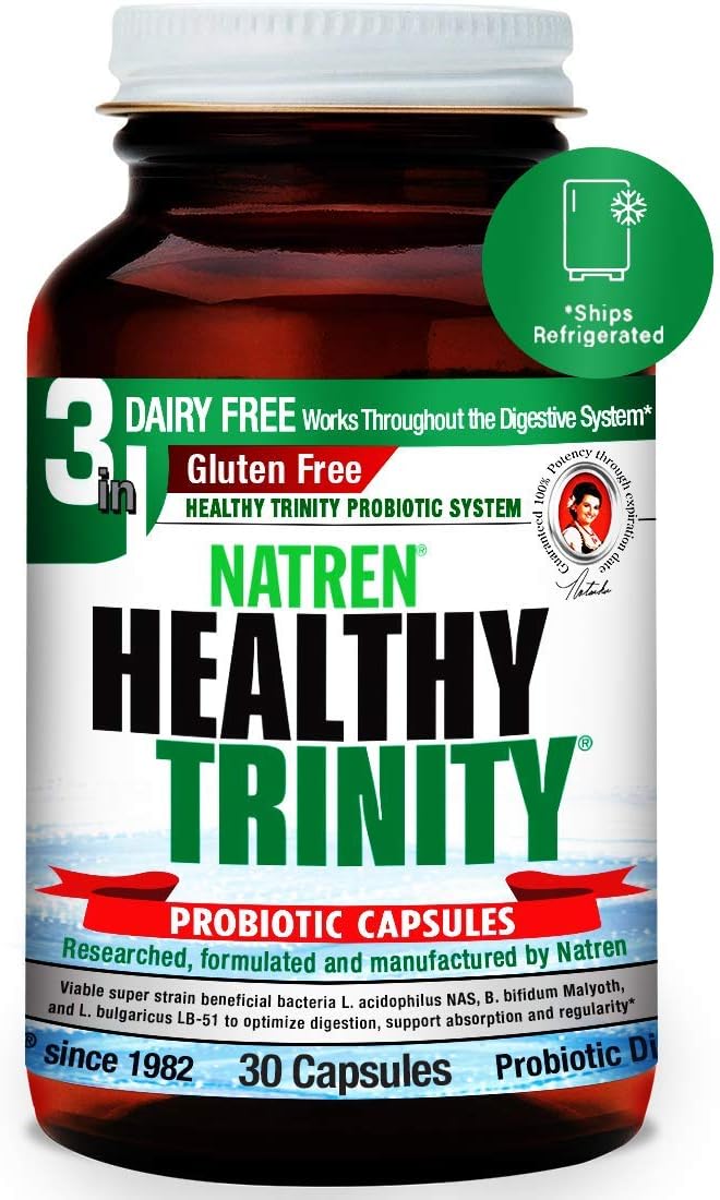 30 Dairy and Gluten Free Gel Capsules of Natren Healthy Trinity Probiotics Supplement - Boost Gut Health with 30 Billion CFU - Includes Lactobacillus Acidophilus, Bifidobacterium, and Bulgaricus Strains