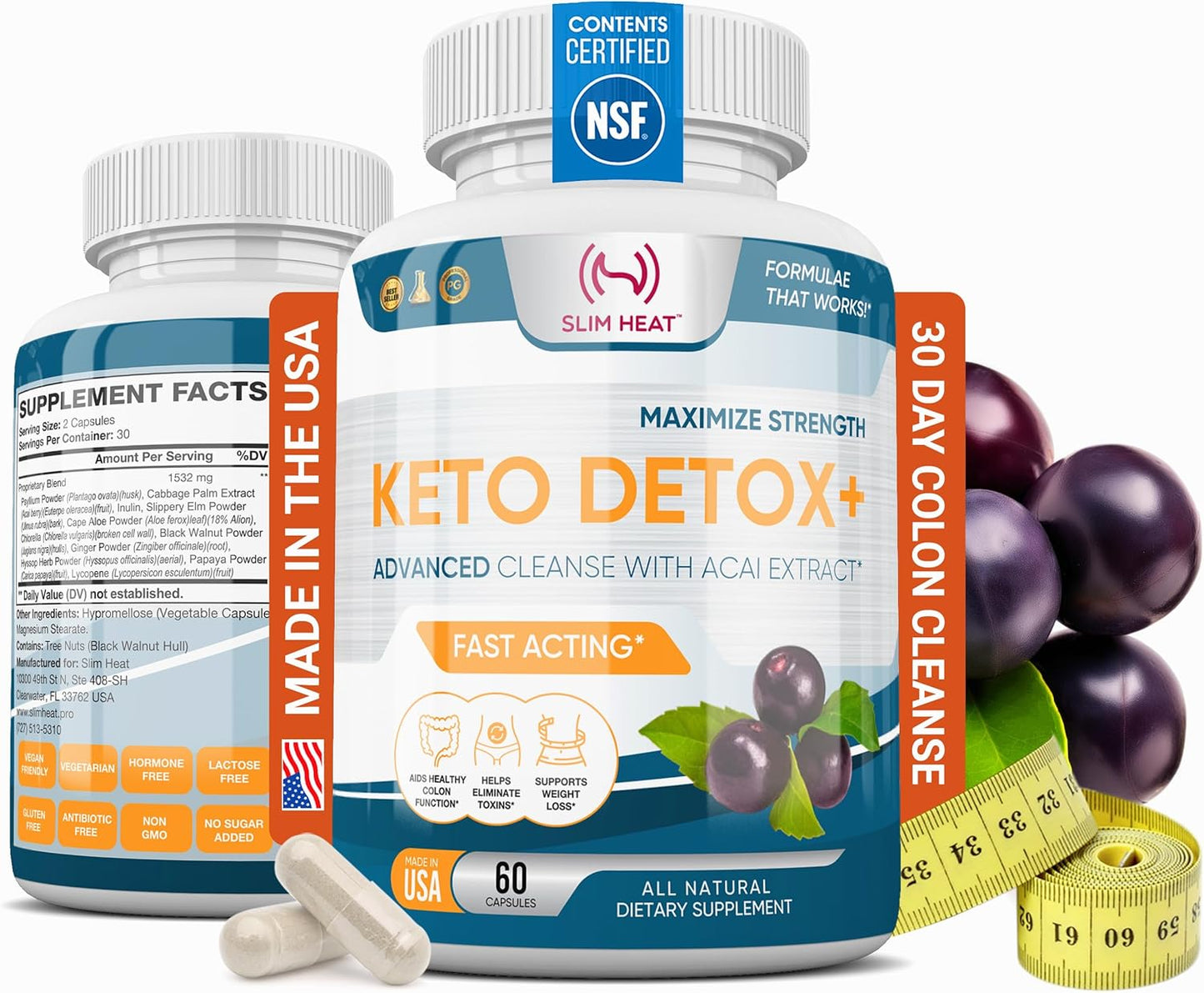 30 Day Slim Heat Colon Cleanse for Women & Men - Advanced Gut Detox with Acai Berry, Psyllium Husk, Elm, Aloe & Papaya - Non-GMO, 60 Capsules