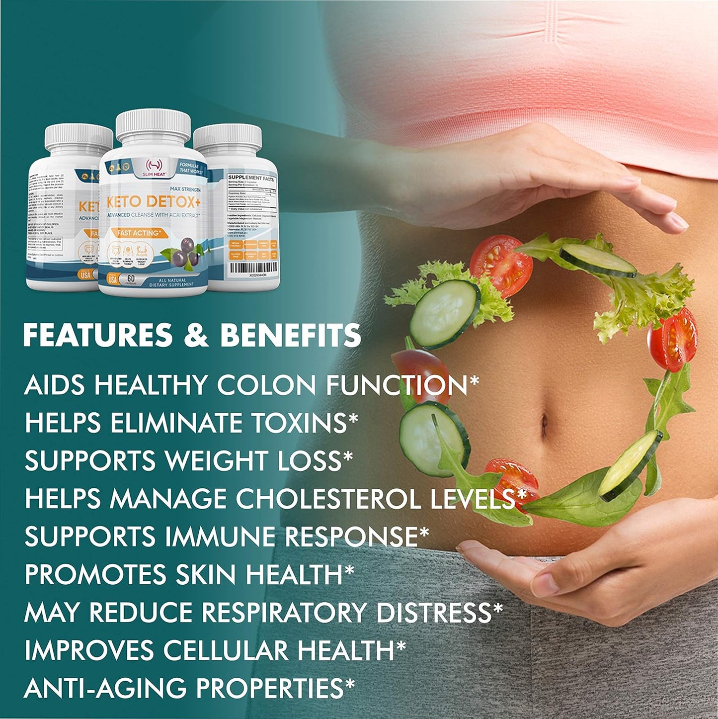 30 Day Slim Heat Colon Cleanse for Women & Men - Advanced Gut Detox with Acai Berry, Psyllium Husk, Elm, Aloe & Papaya - Non-GMO, 60 Capsules
