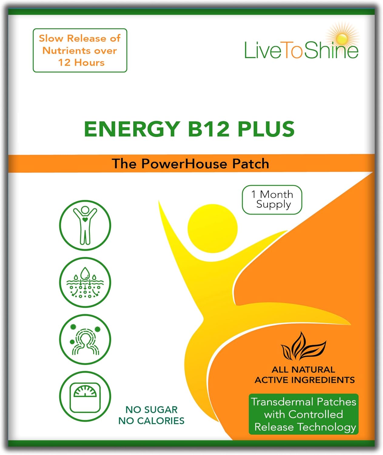 30 Day Supply Live To Shine B12 Energy Plus Topical Patch - Made in USA for Women and Men