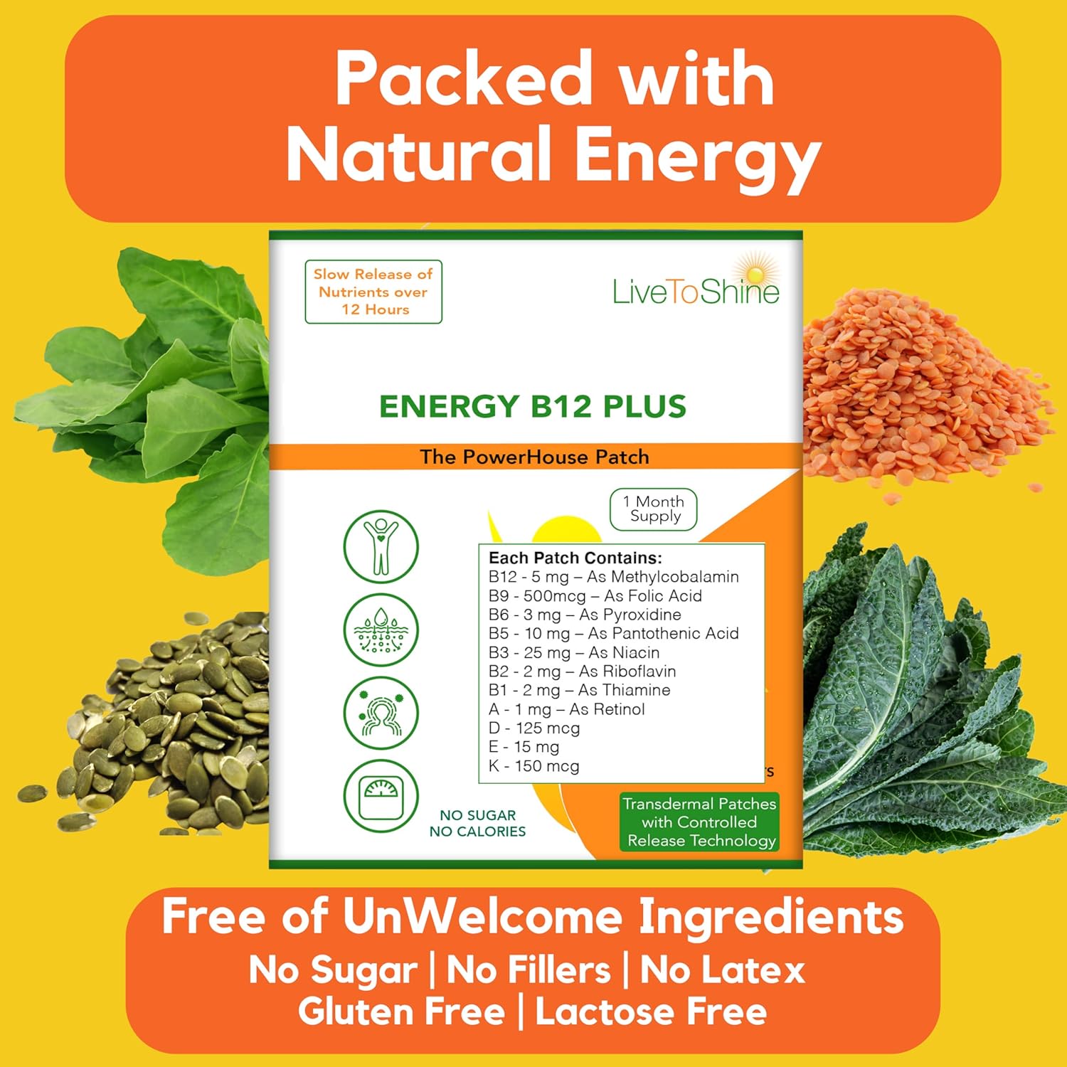 30 Day Supply Live To Shine B12 Energy Plus Topical Patch - Made in USA for Women and Men