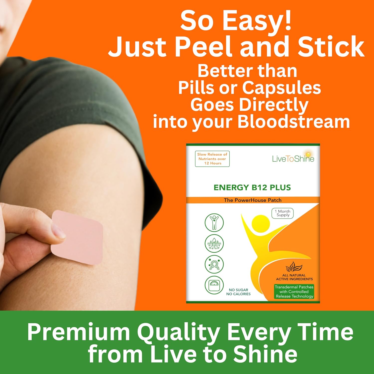 30 Day Supply Live To Shine B12 Energy Plus Topical Patch - Made in USA for Women and Men