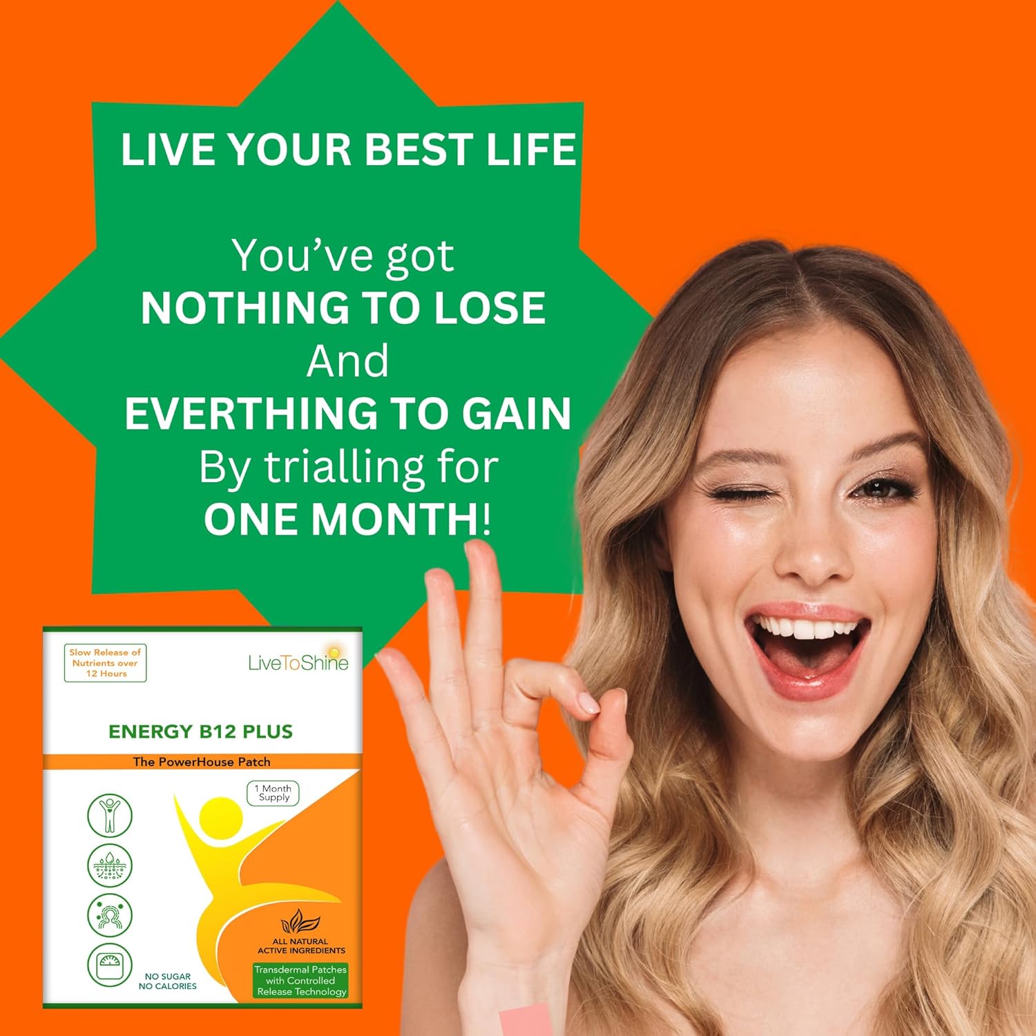 30 Day Supply Live To Shine B12 Energy Plus Topical Patch - Made in USA for Women and Men