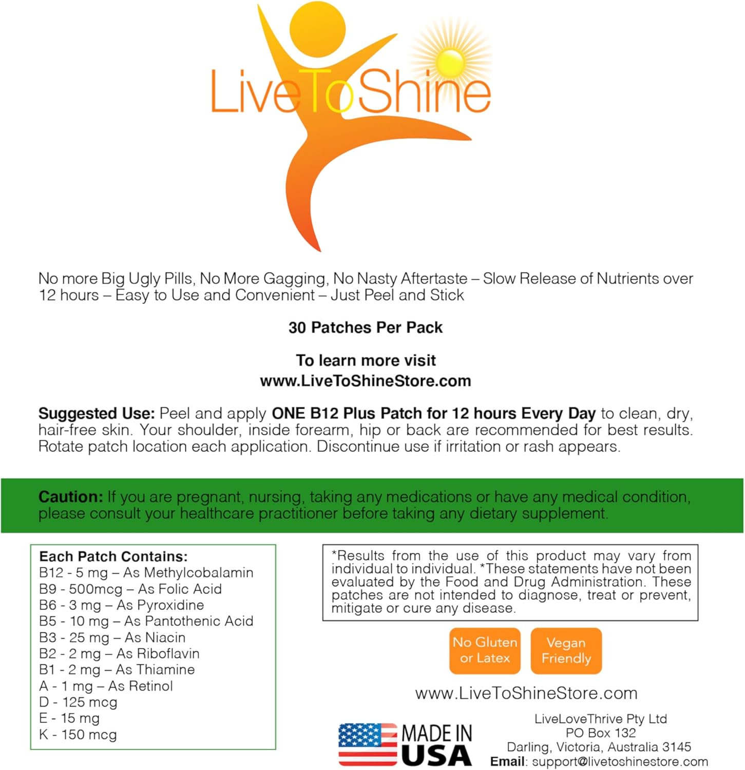30 Day Supply Live To Shine B12 Energy Plus Topical Patch - Made in USA for Women and Men