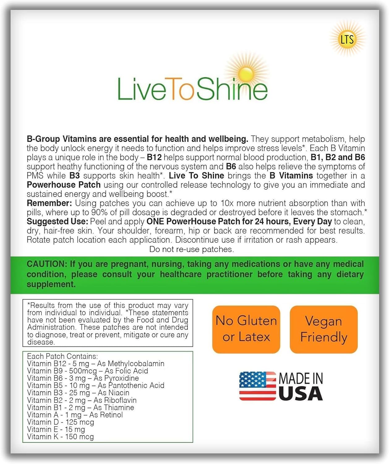 30 Day Supply Live To Shine B12 Energy Plus Topical Patch - Made in USA for Women and Men