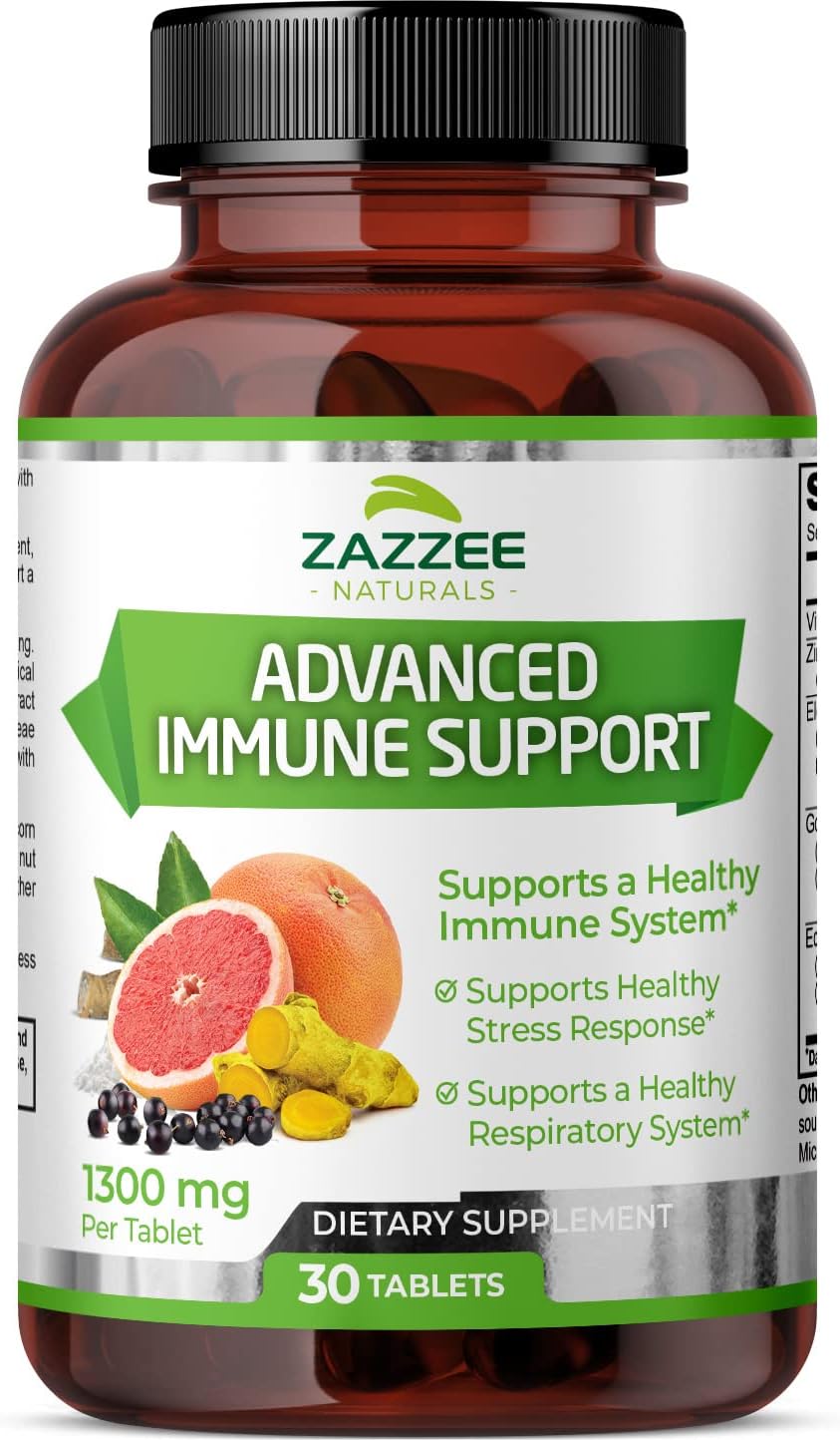 30-Day Supply of Zazzee Advanced Immune Support Tablets - 1300mg with Vitamin C, Echinacea, Elderberry, Goldenseal, Zinc - Vegan and Non-GMO Formula