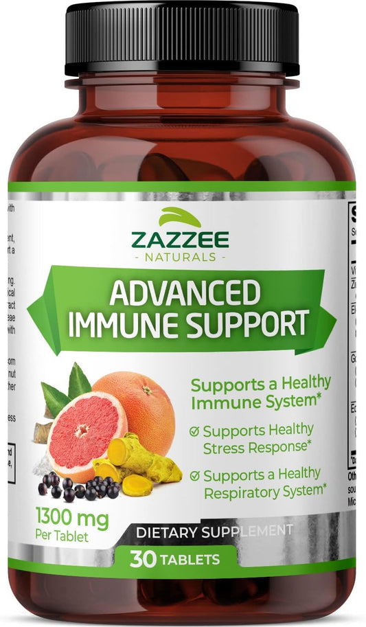 30-Day Supply of Zazzee Advanced Immune Support Tablets - 1300mg with Vitamin C, Echinacea, Elderberry, Goldenseal, Zinc - Vegan and Non-GMO Formula