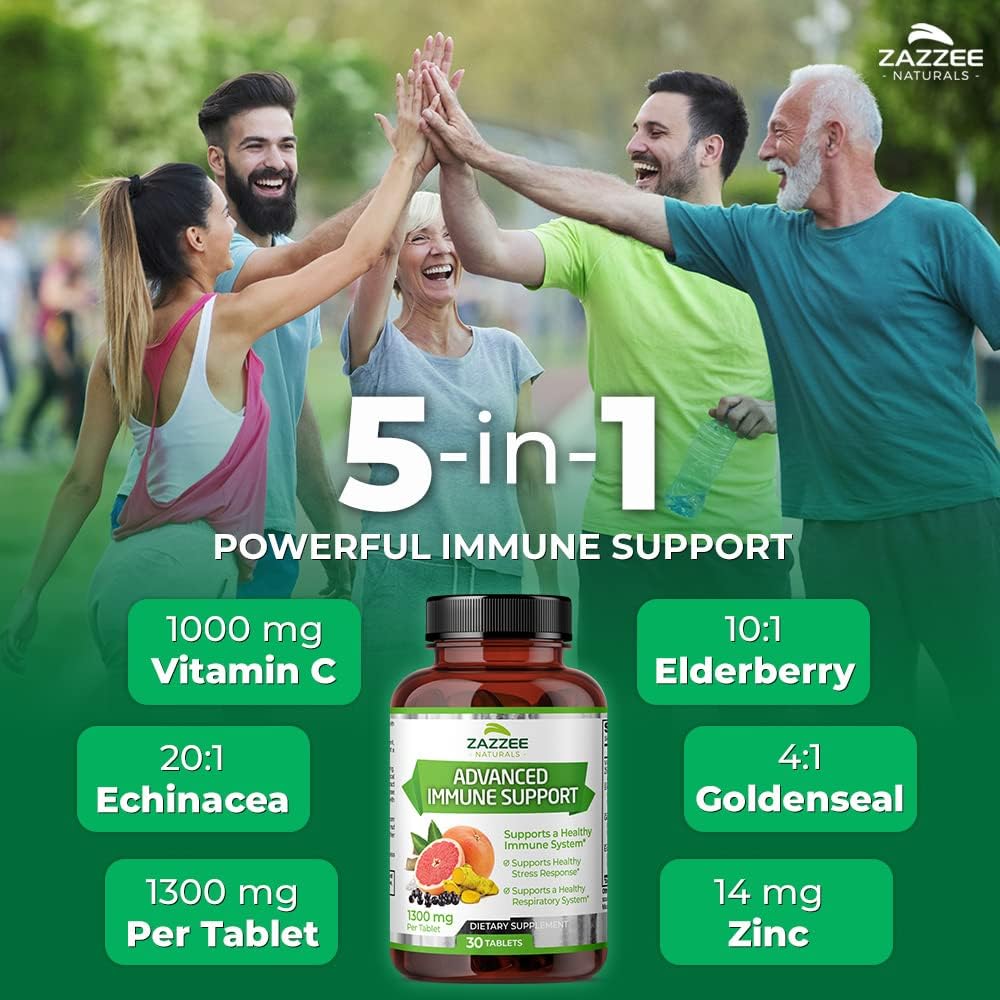 30-Day Supply of Zazzee Advanced Immune Support Tablets - 1300mg with Vitamin C, Echinacea, Elderberry, Goldenseal, Zinc - Vegan and Non-GMO Formula