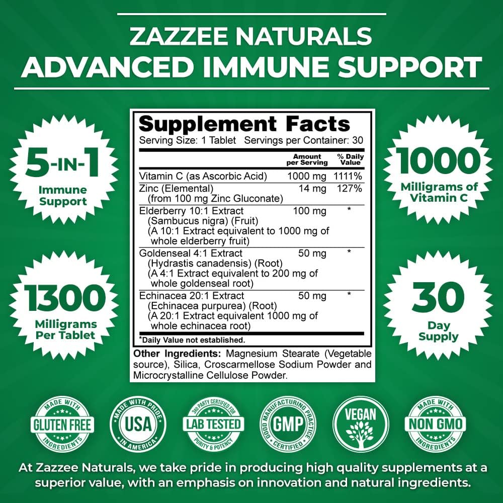 30-Day Supply of Zazzee Advanced Immune Support Tablets - 1300mg with Vitamin C, Echinacea, Elderberry, Goldenseal, Zinc - Vegan and Non-GMO Formula