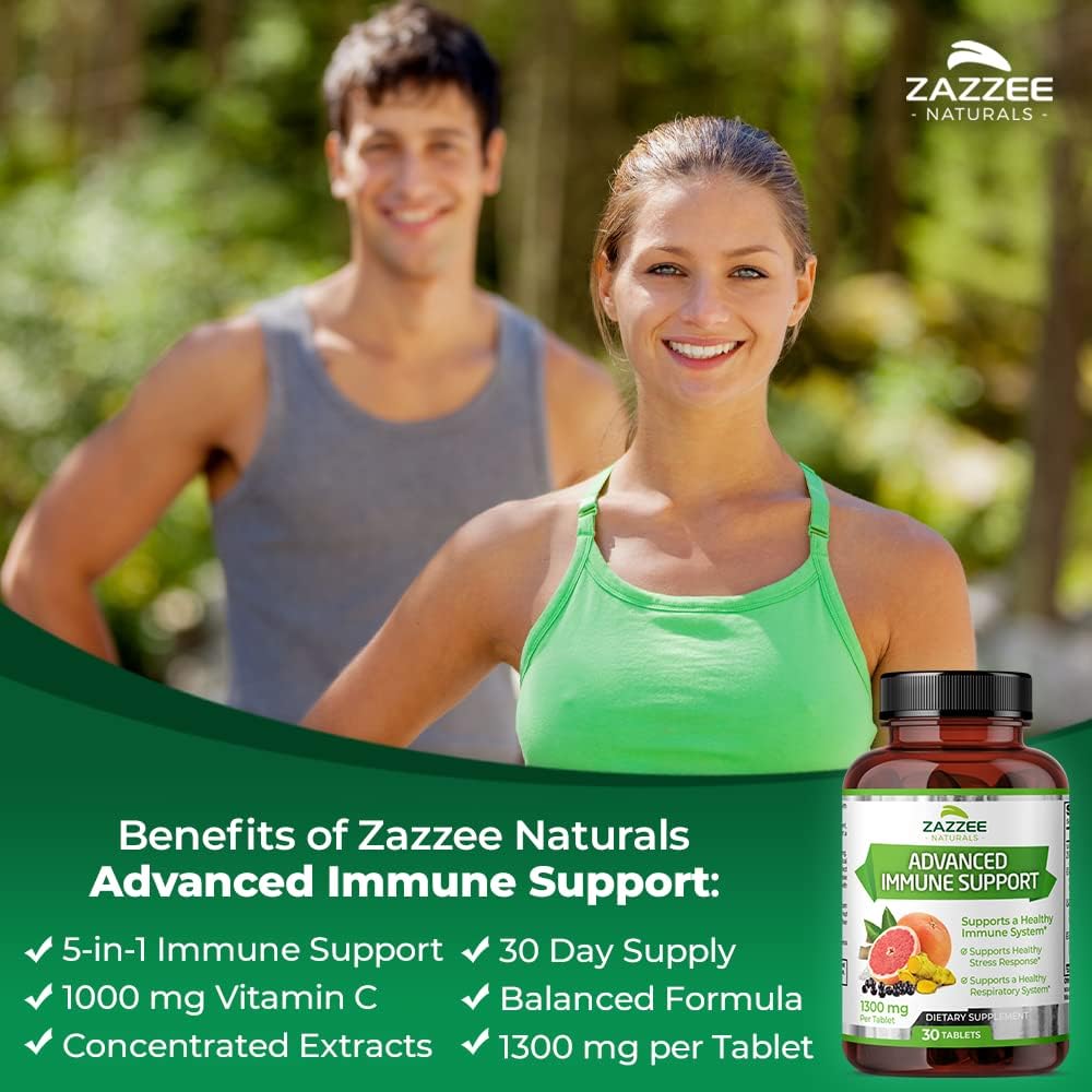 30-Day Supply of Zazzee Advanced Immune Support Tablets - 1300mg with Vitamin C, Echinacea, Elderberry, Goldenseal, Zinc - Vegan and Non-GMO Formula