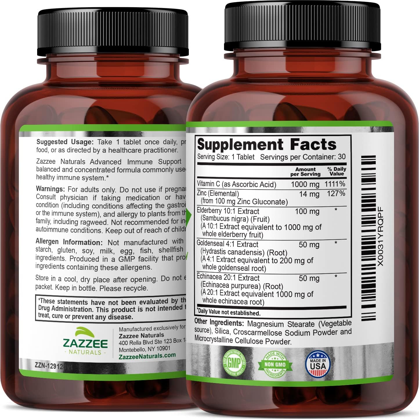 30-Day Supply of Zazzee Advanced Immune Support Tablets - 1300mg with Vitamin C, Echinacea, Elderberry, Goldenseal, Zinc - Vegan and Non-GMO Formula