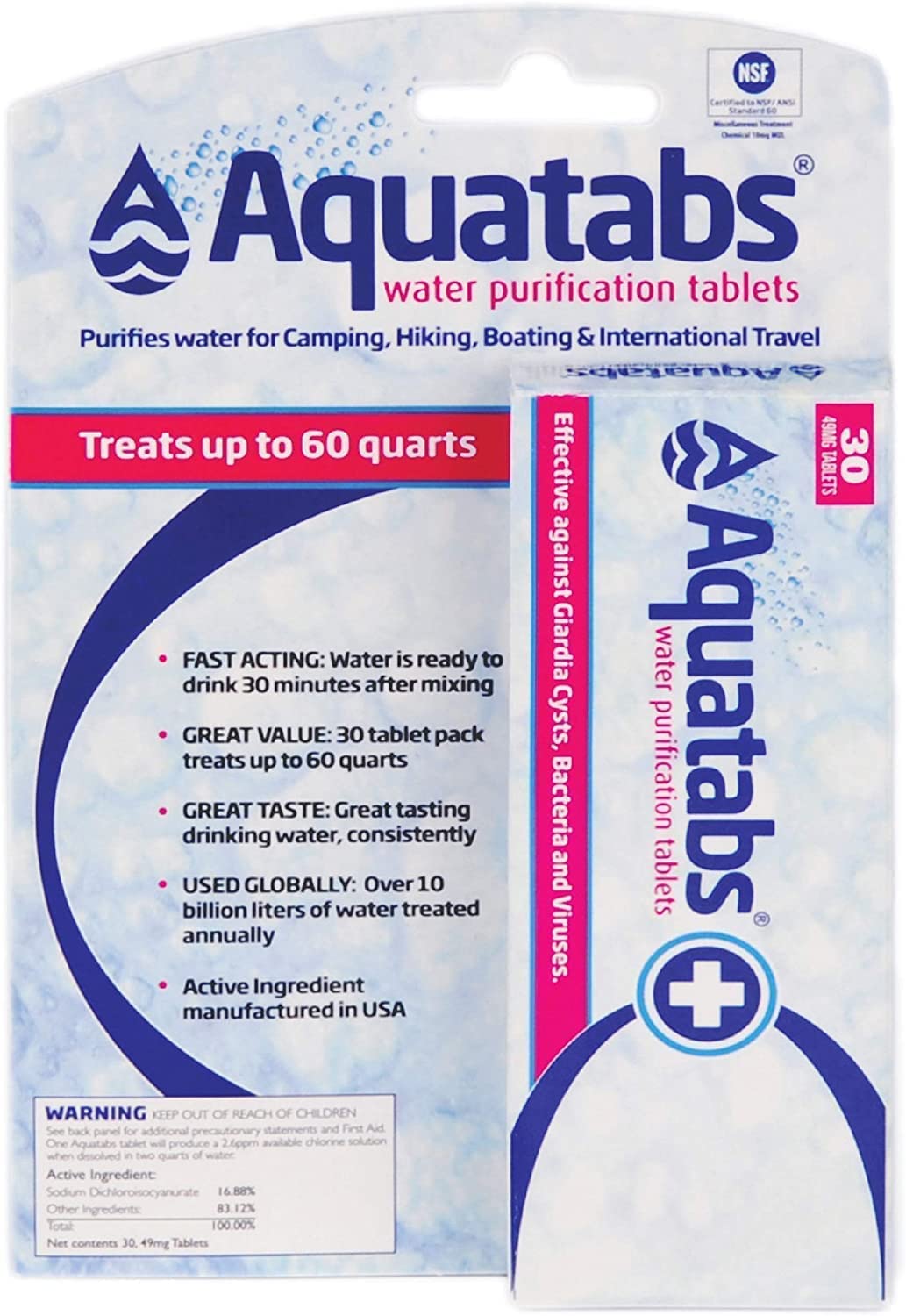 30 Pack Aquatabs 49mg Water Purification Tablets for Hiking, Camping, Emergencies & Home-Use. Easy Treatment & Disinfection.