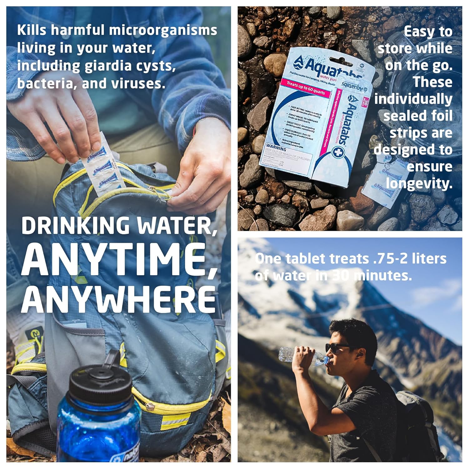 30 Pack Aquatabs 49mg Water Purification Tablets for Hiking, Camping, Emergencies & Home-Use. Easy Treatment & Disinfection.