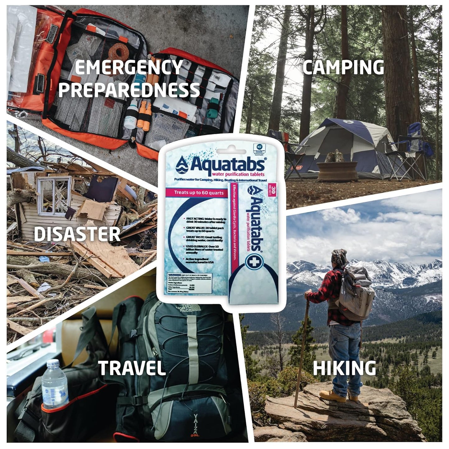 30 Pack Aquatabs 49mg Water Purification Tablets for Hiking, Camping, Emergencies & Home-Use. Easy Treatment & Disinfection.