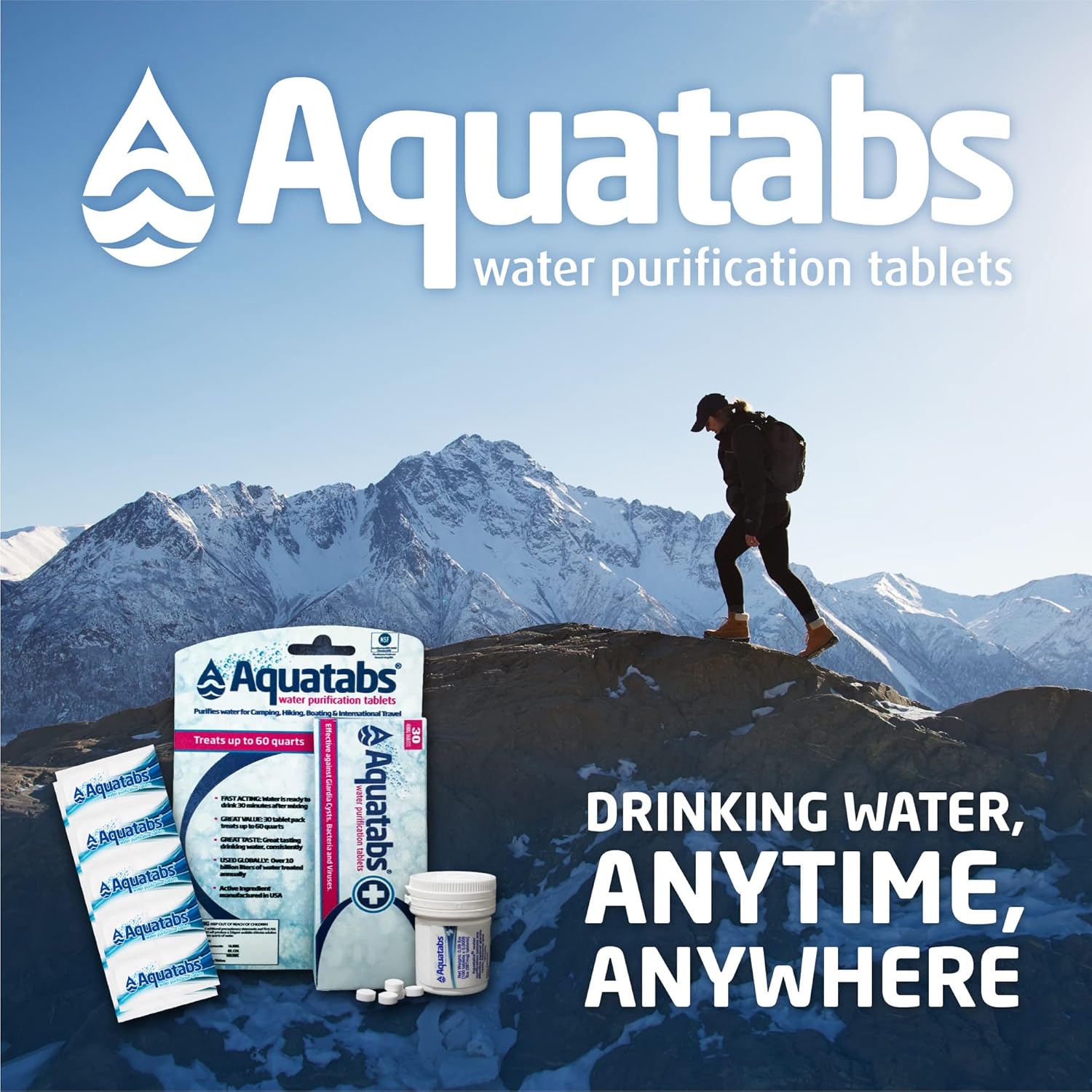 30 Pack Aquatabs 49mg Water Purification Tablets for Hiking, Camping, Emergencies & Home-Use. Easy Treatment & Disinfection.