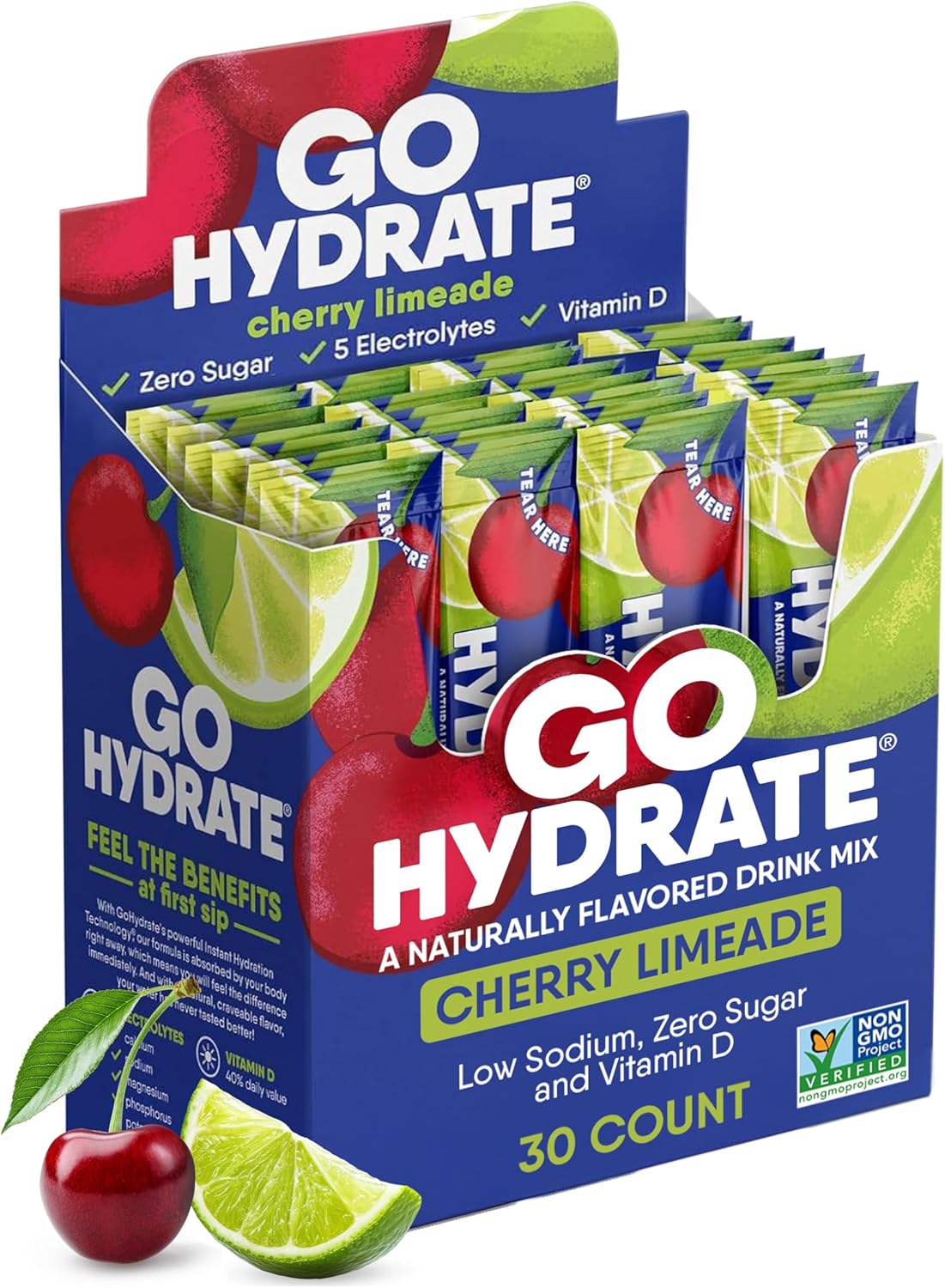 30 Packets of GoHydrate Cherry Limeade Instant Hydration Powder - Sugar-Free Electrolyte Drink Mix with Low Sodium & Vitamin D for Natural Hydration Support