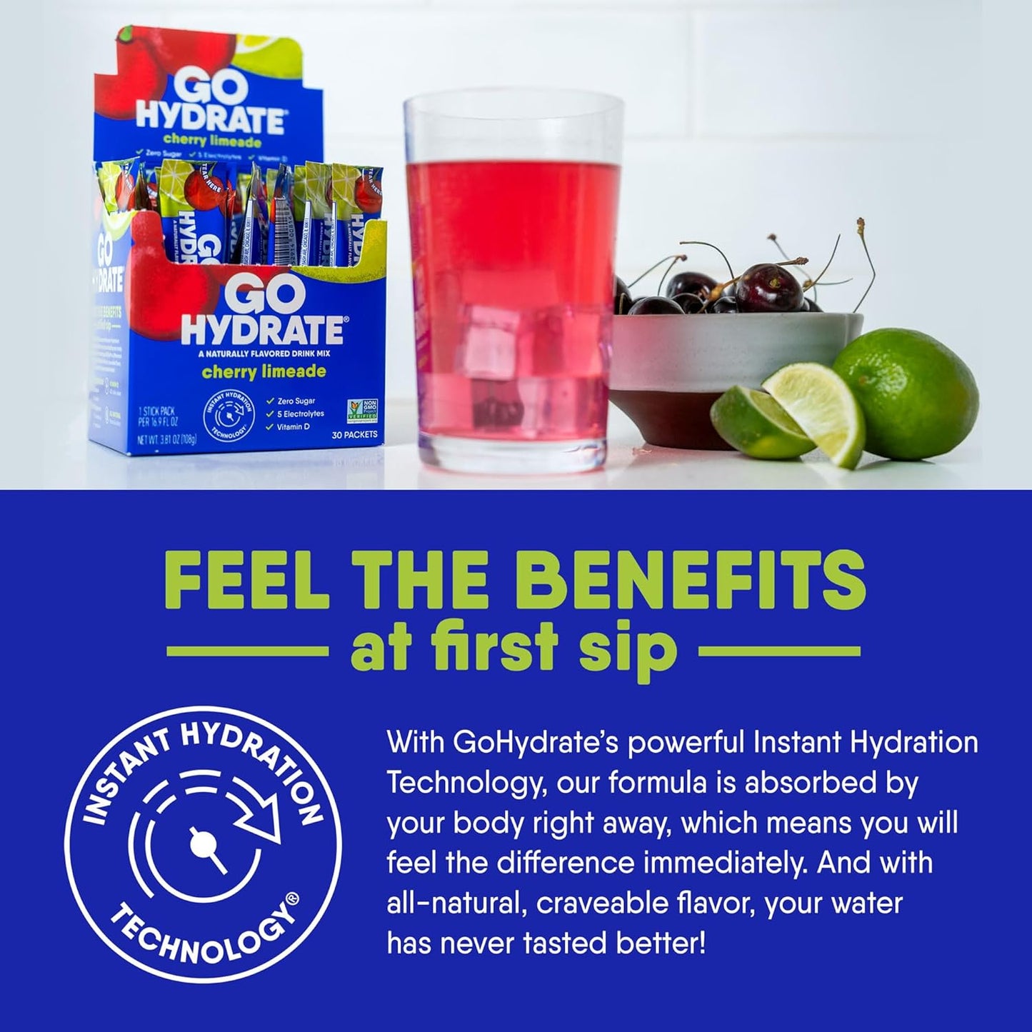 30 Packets of GoHydrate Cherry Limeade Instant Hydration Powder - Sugar-Free Electrolyte Drink Mix with Low Sodium & Vitamin D for Natural Hydration Support