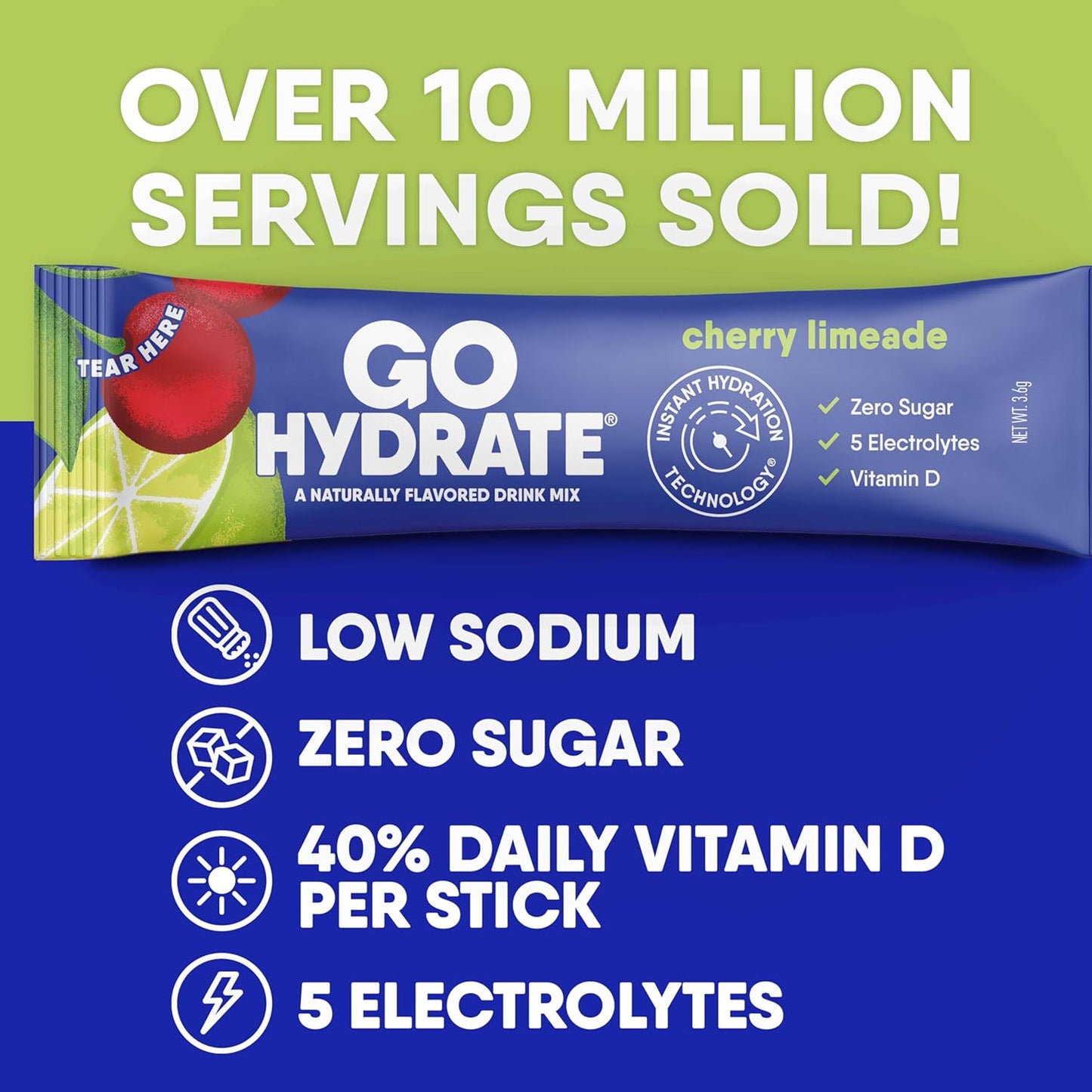 30 Packets of GoHydrate Cherry Limeade Instant Hydration Powder - Sugar-Free Electrolyte Drink Mix with Low Sodium & Vitamin D for Natural Hydration Support