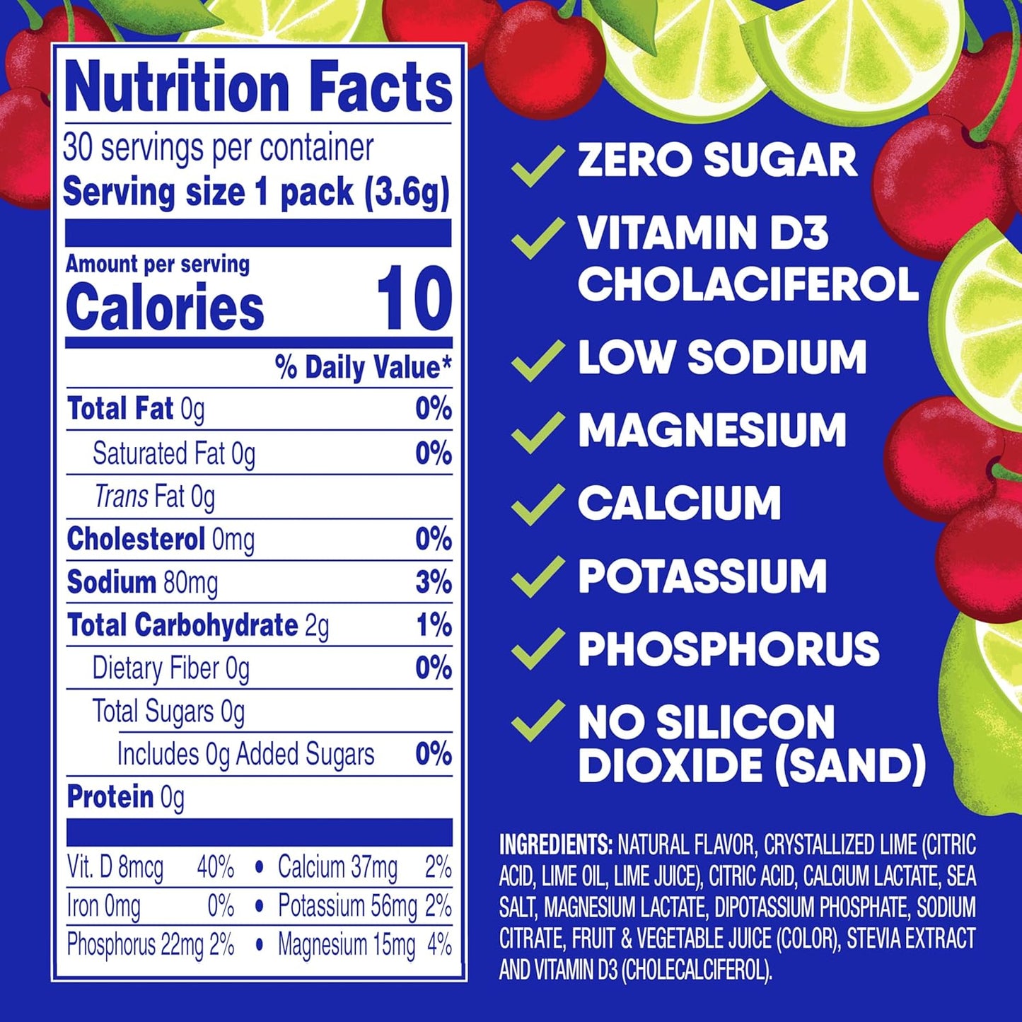 30 Packets of GoHydrate Cherry Limeade Instant Hydration Powder - Sugar-Free Electrolyte Drink Mix with Low Sodium & Vitamin D for Natural Hydration Support