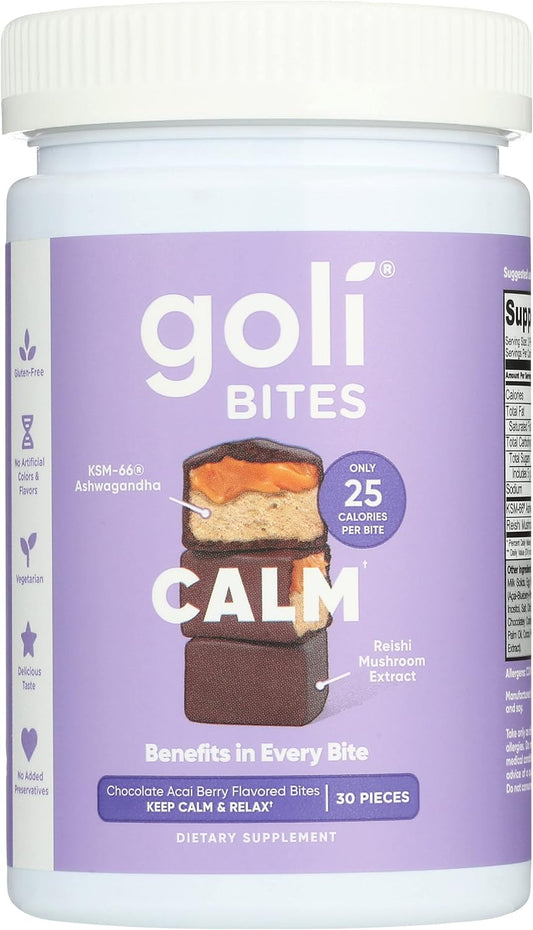30 Piece Pack of Goli Nutrition Calm Ashwagandha Bites in Chocolate Acai Berry Flavor - Caffeinated, Vegetarian, and Gluten Free with No Added Preservatives