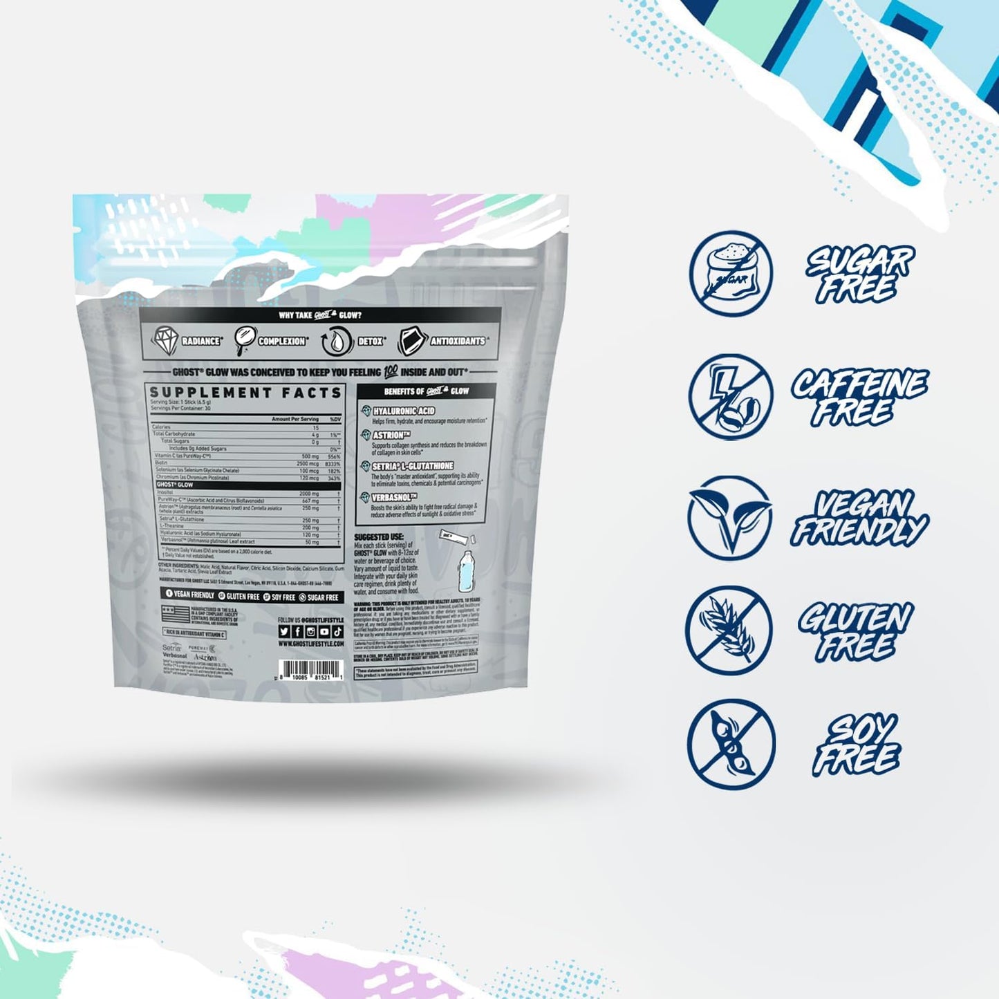 30 Pina Colada Glow Sticks with Hyaluronic Acid, Biotin & L-Theanine for Skin-Boosting Support - Sugar Free & Gluten Free Detox Supplement by GHOST