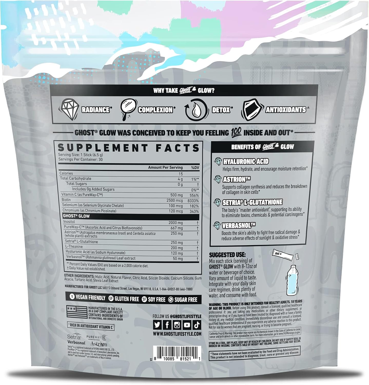 30 Pina Colada Glow Sticks with Hyaluronic Acid, Biotin & L-Theanine for Skin-Boosting Support - Sugar Free & Gluten Free Detox Supplement by GHOST