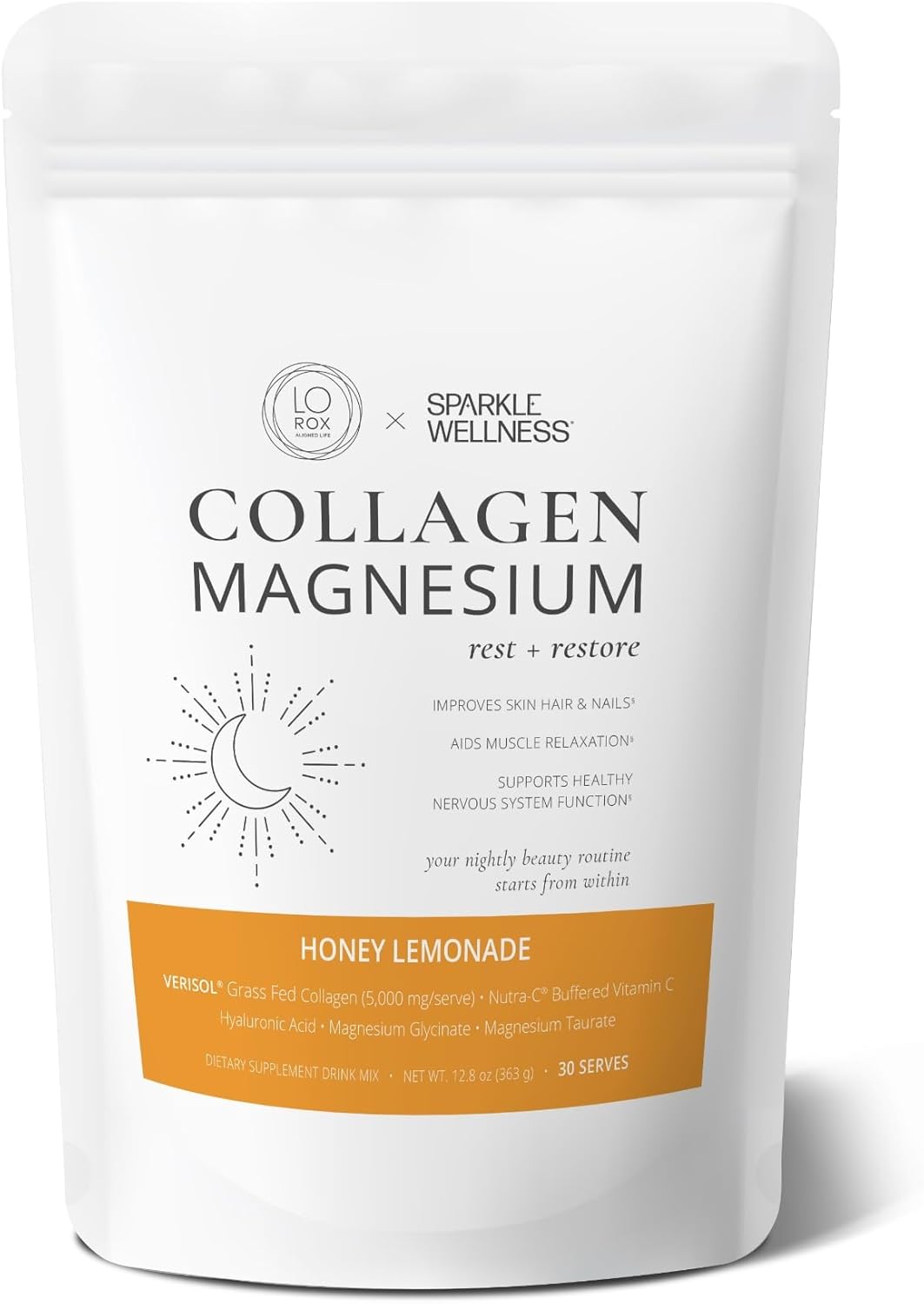 30-Serving Sparkle Wellness Collagen Magnesium Drink Mix with Honey Lemonade Flavor - VERISOL Collagen Peptides, Magnesium Glycinate, Taurate Salts - Lauren Roxburgh Rest + Restore Beauty Routine