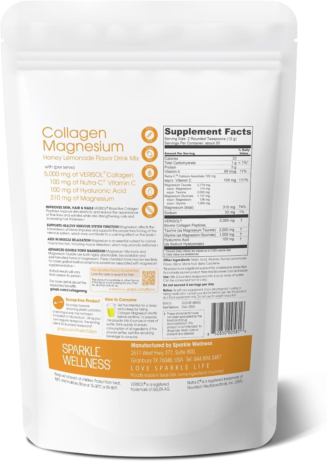 30-Serving Sparkle Wellness Collagen Magnesium Drink Mix with Honey Lemonade Flavor - VERISOL Collagen Peptides, Magnesium Glycinate, Taurate Salts - Lauren Roxburgh Rest + Restore Beauty Routine