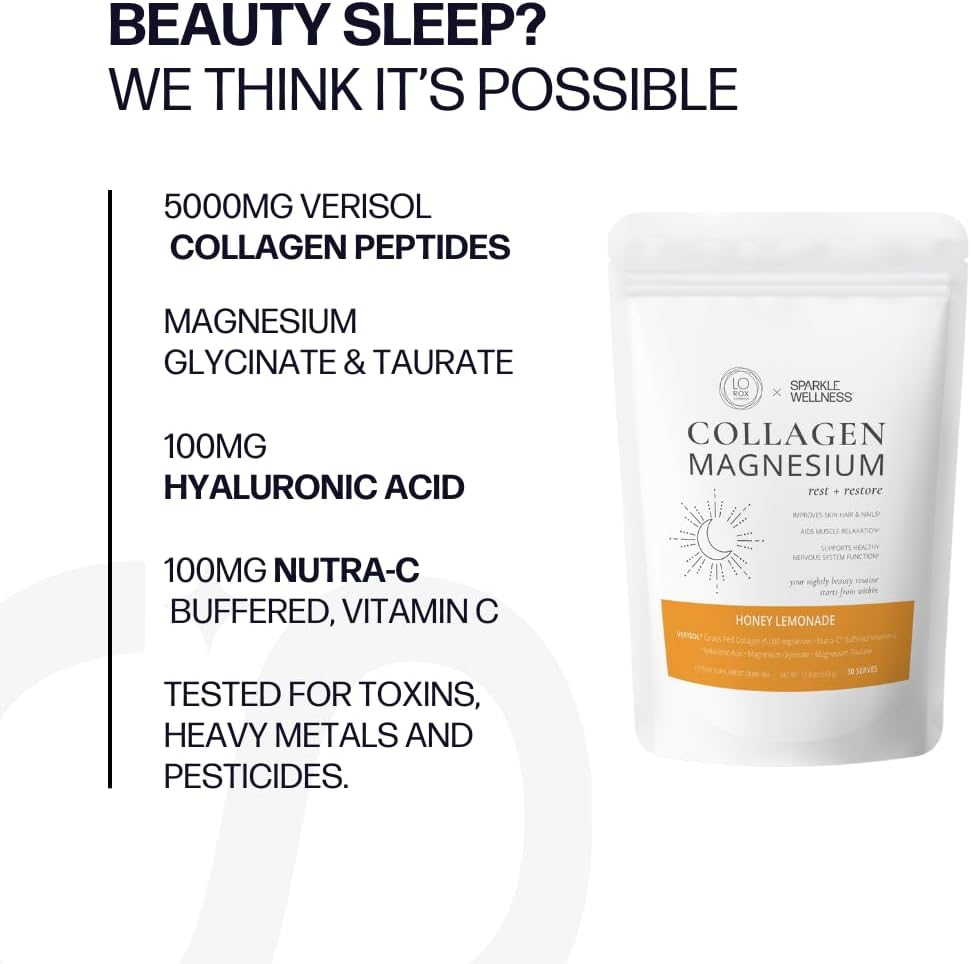 30-Serving Sparkle Wellness Collagen Magnesium Drink Mix with Honey Lemonade Flavor - VERISOL Collagen Peptides, Magnesium Glycinate, Taurate Salts - Lauren Roxburgh Rest + Restore Beauty Routine
