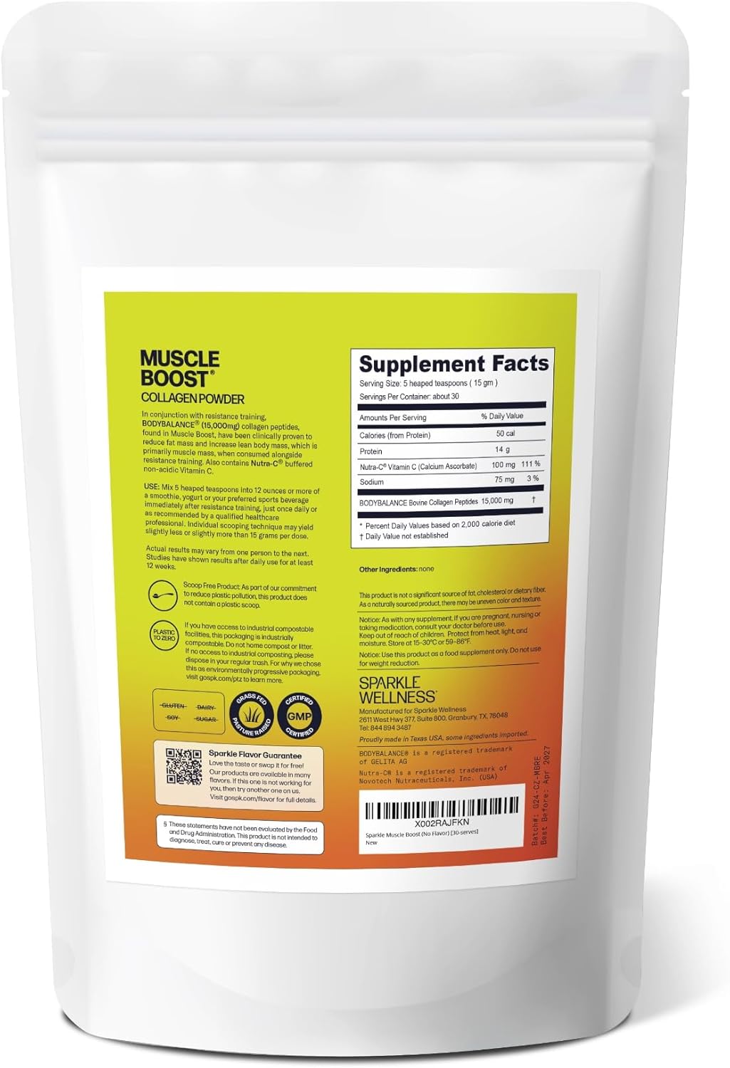 30-Serving Sparkle Wellness Muscle Boost Collagen Supplement Powder - Hydrolyzed BODYBALANCE Peptides & Vitamin C - Enhances Body Composition
