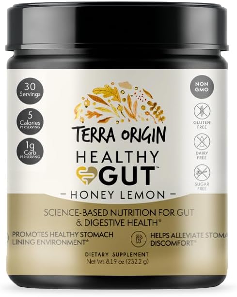 30-Serving TERRA ORIGIN Healthy Gut Powder with L-Glutamine, Zinc & Slippery Elm Bark - Honey Lemon Flavor