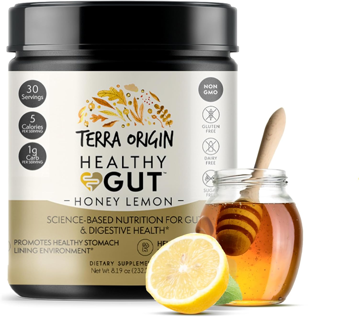 30-Serving TERRA ORIGIN Healthy Gut Powder with L-Glutamine, Zinc & Slippery Elm Bark - Honey Lemon Flavor
