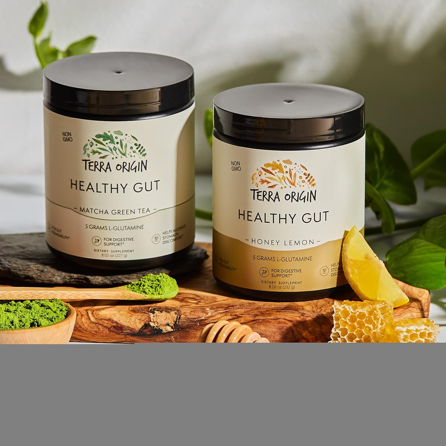 30-Serving TERRA ORIGIN Healthy Gut Powder with L-Glutamine, Zinc & Slippery Elm Bark - Honey Lemon Flavor