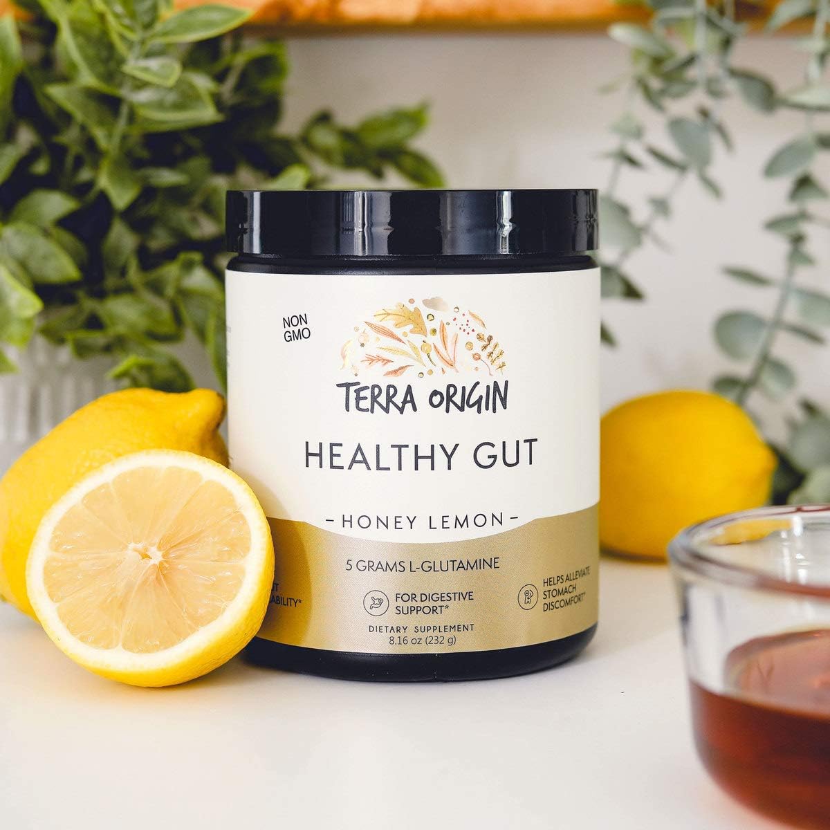 30-Serving TERRA ORIGIN Healthy Gut Powder with L-Glutamine, Zinc & Slippery Elm Bark - Honey Lemon Flavor