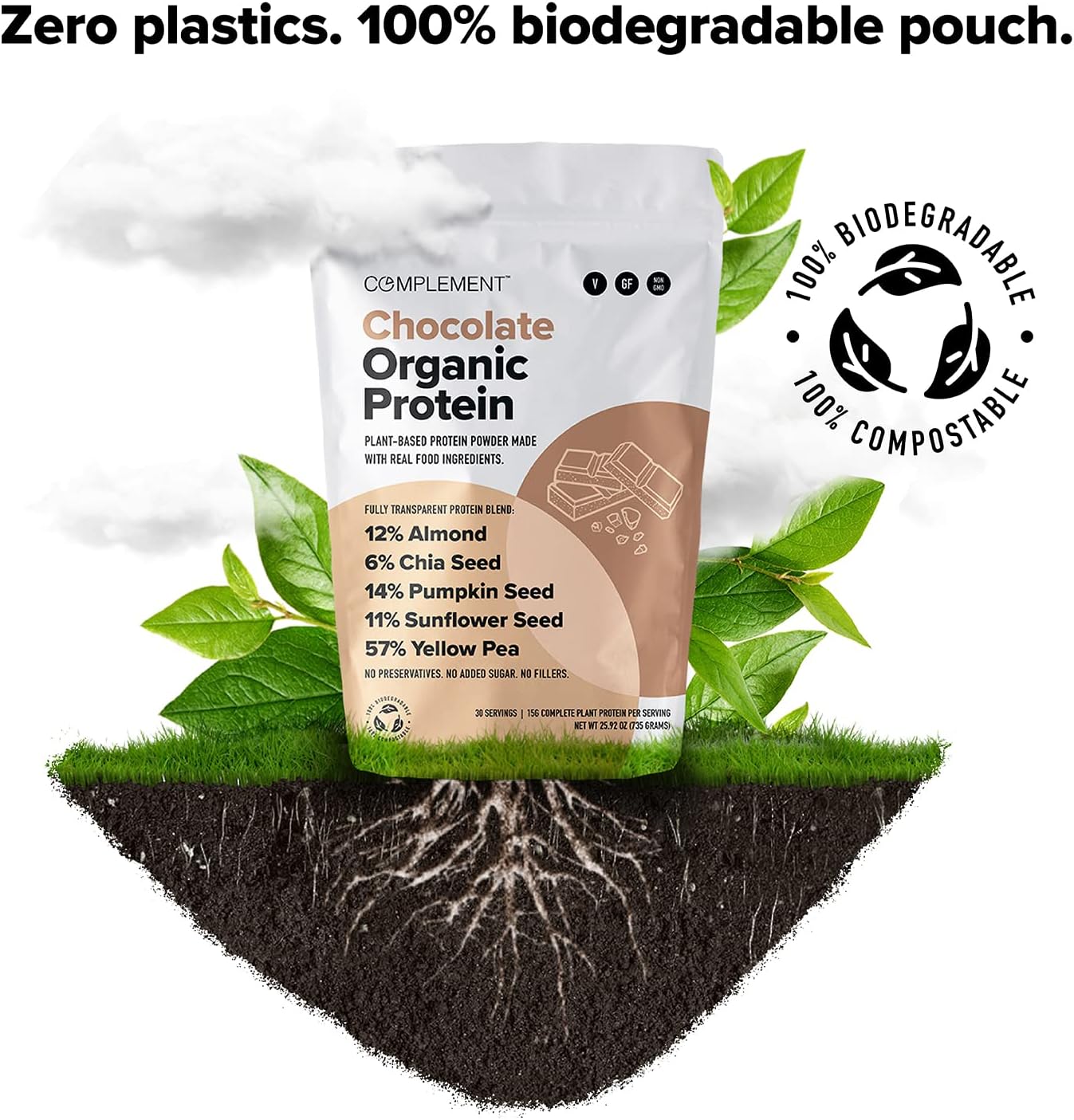 30 Servings Complement Organic Chocolate Vegan Protein Powder - Low Carb, Low Calorie, Sugar-Free, Soy-Free - Yellow Pea & Pumpkin Seed - 15g Plant-Based Protein Powder - Non-GMO & Non-Dairy - BoostGo Australia