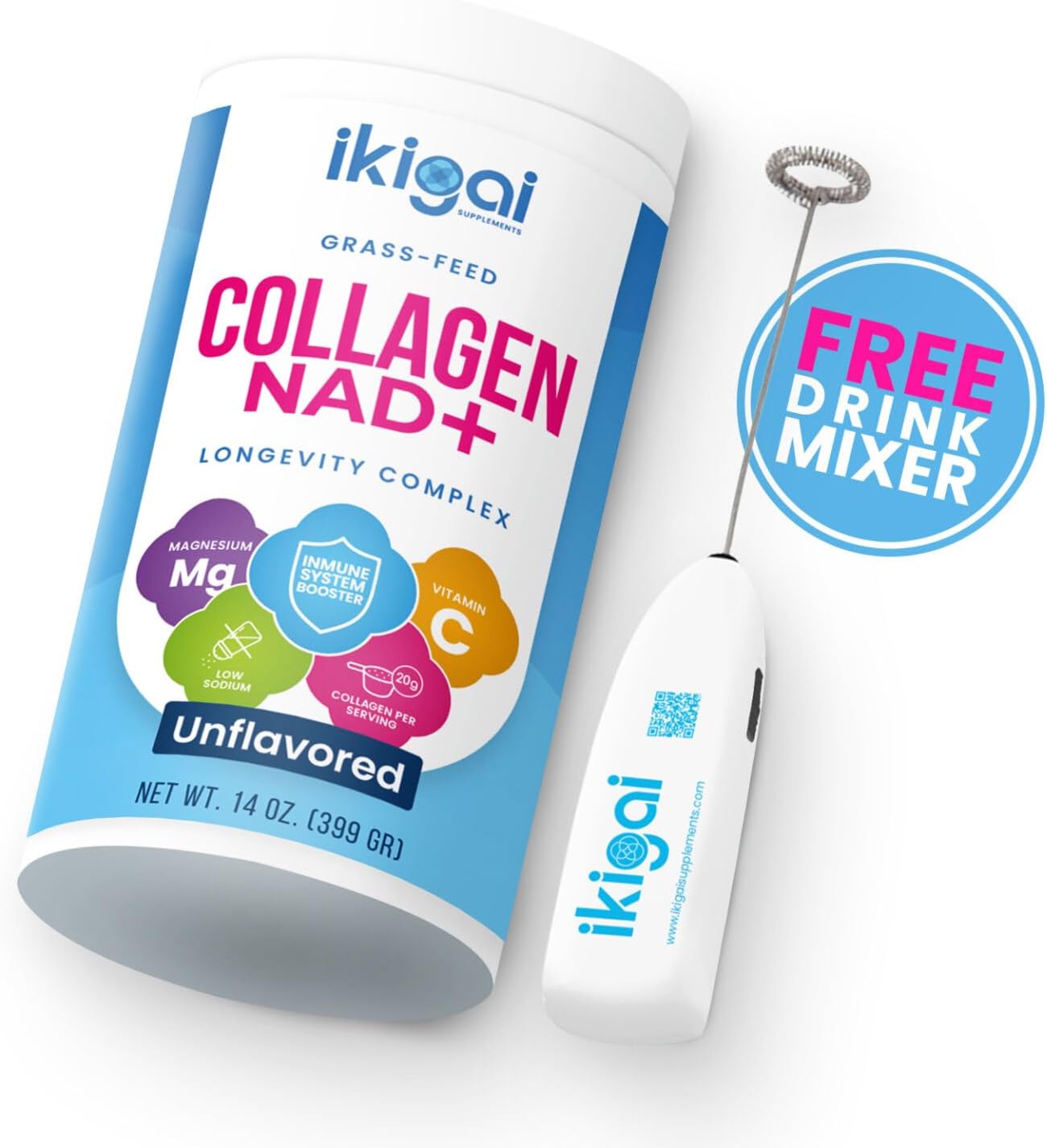 30 Servings Ikigai Collagen with NAD+ Supplements - Non-GMO, Gluten-Free, Paleo, Kosher - No Flavor, Free Drink Mixer