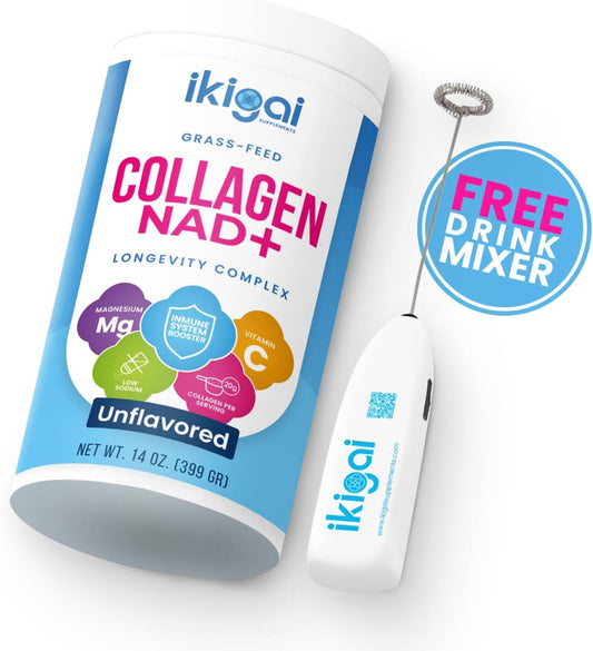 30 Servings Ikigai Collagen with NAD+ Supplements - Non-GMO, Gluten-Free, Paleo, Kosher - No Flavor, Free Drink Mixer