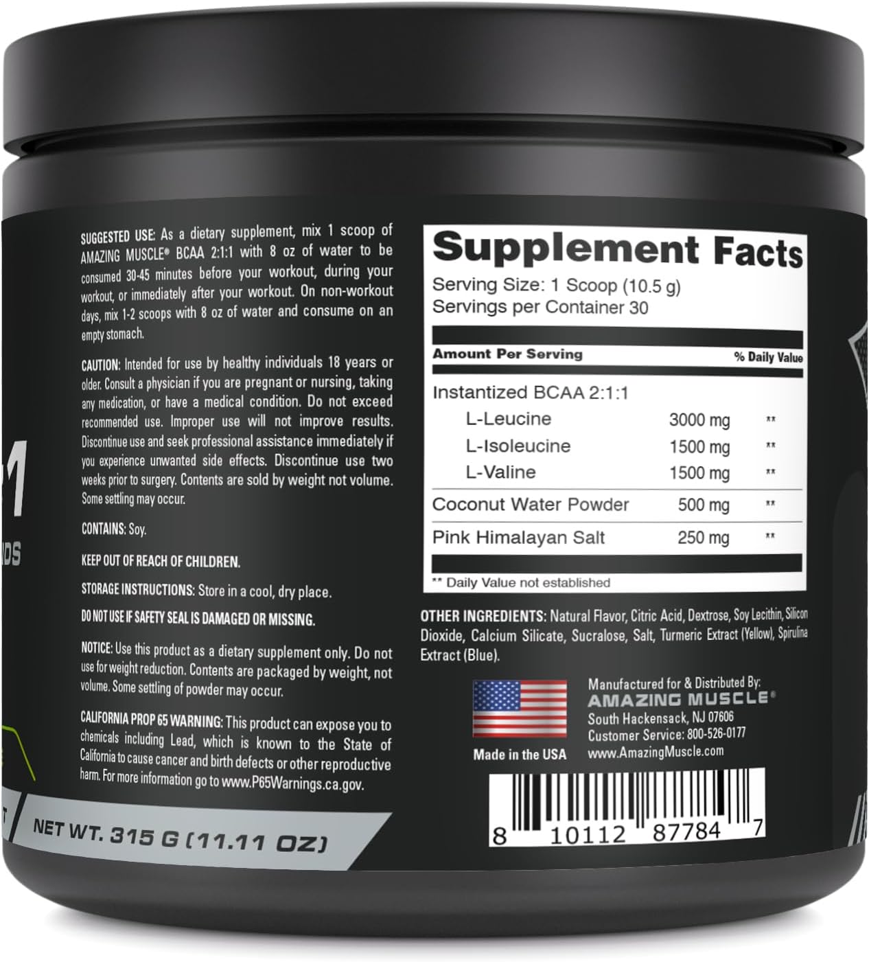 30 Servings of Amazing Muscle BCAA 2:1:1 Natural Flavor Powder, 315g | Branched Chain Amino Acids USA-Made Supplement