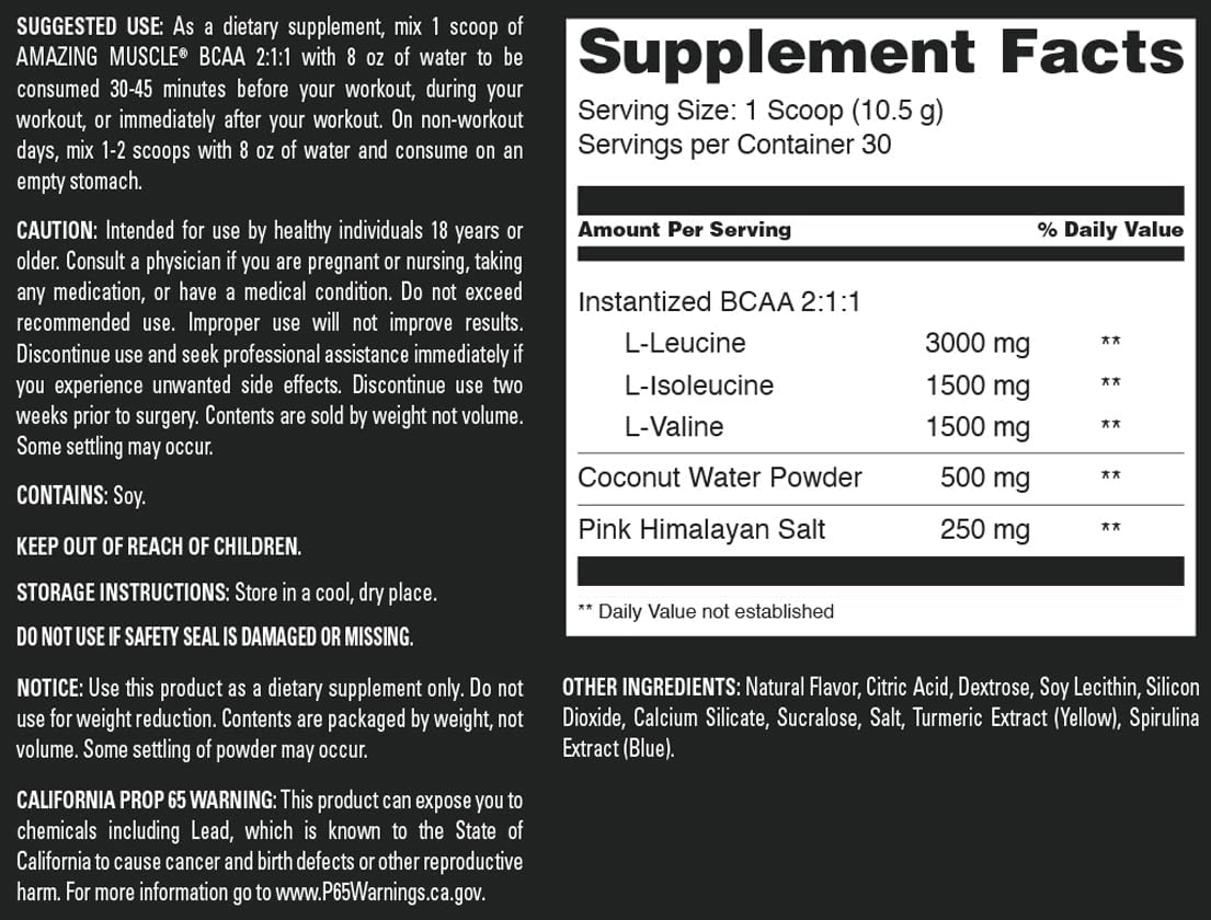 30 Servings of Amazing Muscle BCAA 2:1:1 Natural Flavor Powder, 315g | Branched Chain Amino Acids USA-Made Supplement
