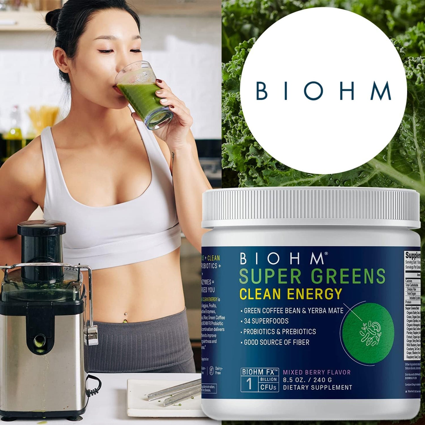 30 Servings of BIOHM Super Greens Clean Energy with Probiotics, Super Greens Superfood, 34 Natural Extracts - All Natural, Non-GMO Energy Boost